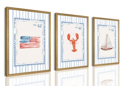 Wood Framed Blue Beach Stamp Set of 3 Canvas Poster Coastal Granddaughter Roo...