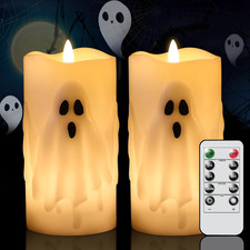 Halloween Ghost Flameless Pillar Candles with Remote Timer, Battery Operated