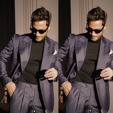 Navy Blue Men's Suit Striped Peak Lapel Double Breasted Wedding Tuxedo 2Pieces