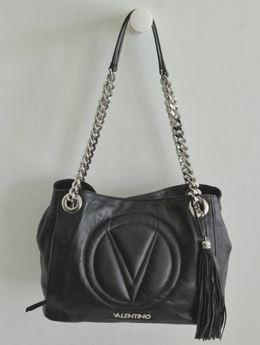 Valentino By Mario Valentino Luisa Black Leather Silver Chain Large Shoulder Bag