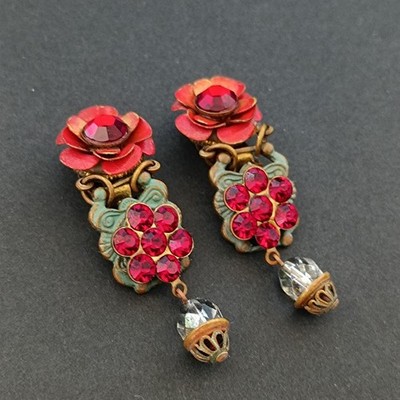 Michal Negrin Early Romantic Red Rose Earrings Victorian Revival Clip Dangle VTG