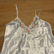 Val Mode Vintage White Satin Bridal Nightgown Lace Floral Embroidery Large