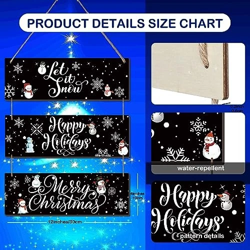 3 Piezas Madera Rústica Colgante Pared Decoración Déjalo Nieve Pared Decoración Muñeco de Nieve Negro Foto 3 de 4