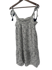 Old Navy Smocked Floral Sun Dress M cottagecore festival boho blue white tassel