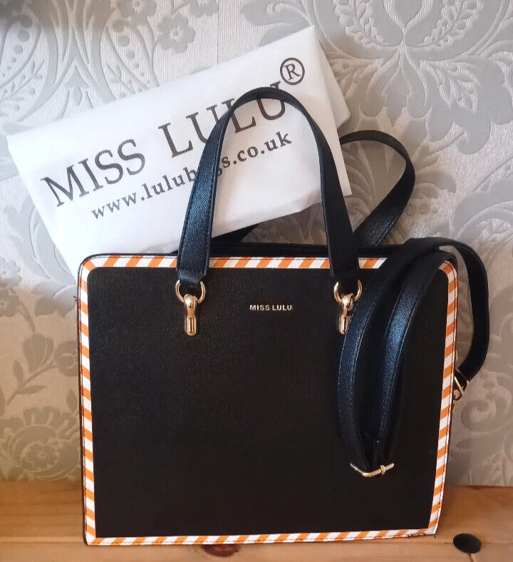 MISS LULU Black PU Leather Tote Bag With Orange White Trim