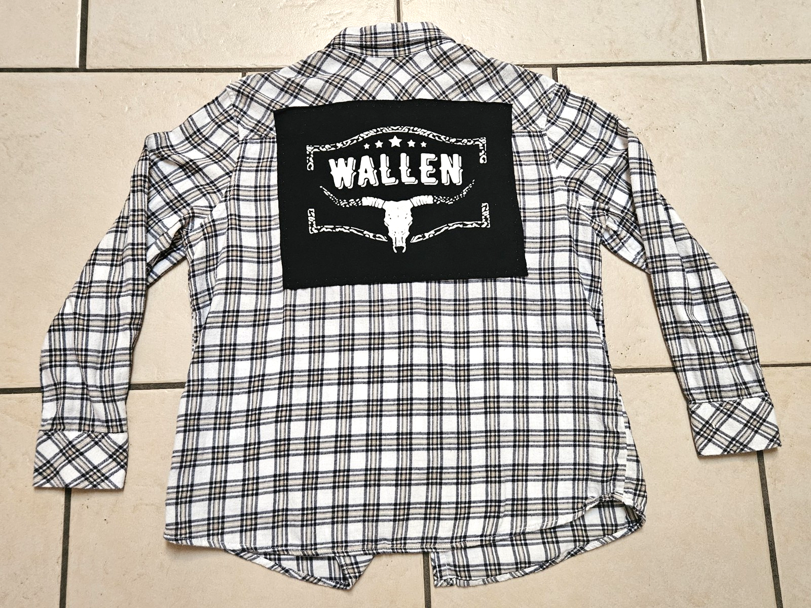 Upcycled Flannel Shirt M/L Morgan Wallen Style White Black Tan Plaid Country Music Fan-image