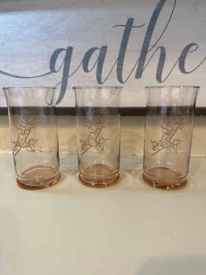 Set Of 3 Vintage Libbey Rose Glass Water Glasses , 5.3 inches
