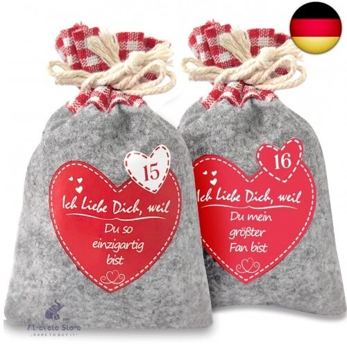 Adventskalender zum Selbst Befüllen, Filzsäckchen mit 24 Gründen Ich Liebe Di - Bild 1 von 7