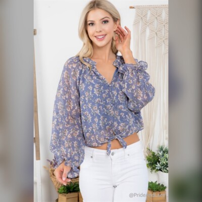 L NWT BLUE FLORAL PRINT THROUGHOUT V-NECK BUTTON-DOWN LONG SLEEVE TOP