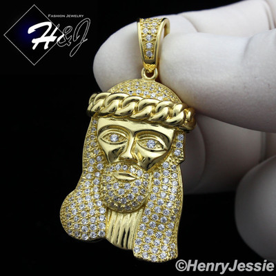MEN 925 STERLING SILVER ICY CUBIC ZIRCONIA GOLD PLATED JESUS FACE ...