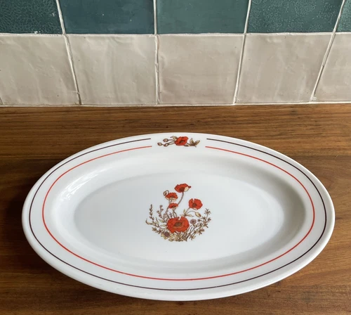 Arcopal France Coquelicot (Poppy) Platter Cupped Serving 1960s Milk Glass
