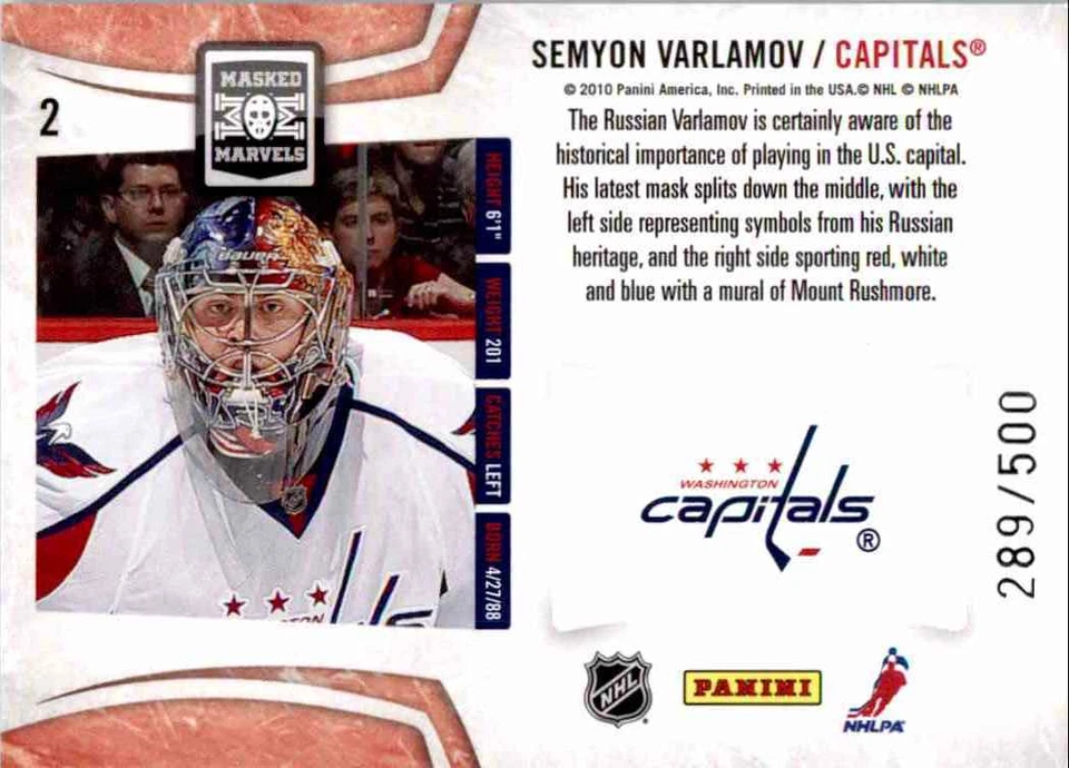 2010-11 Panini Certified Masked Marvels Semyon Varlamov 289/500 #2 - Image 2 of 2