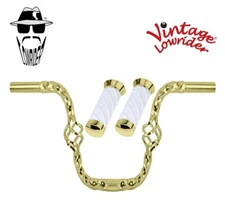 Vtg Lowrider 9" Handlebar Cage Square Twisted 25.4mm Gold, Velour Swirl Grips