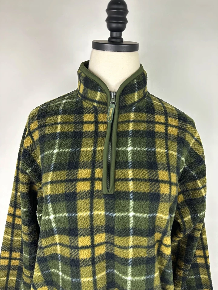 Vintage Fleece Pullover Womens Small 1/4 Zip Olive Green Plaid Mustard 90s - Image 2 of 4