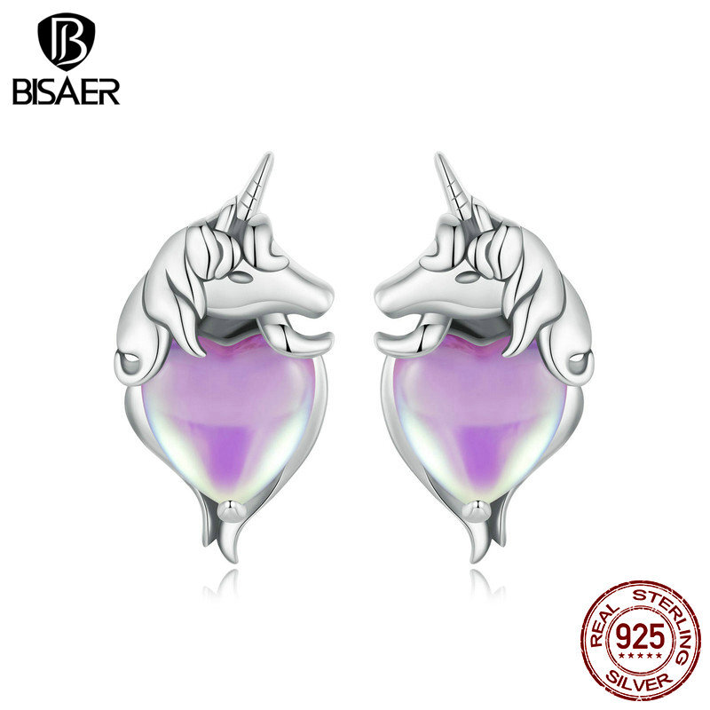 Bisaer 925 Sterling Silver Unicorn CZ Stud Earrings Women Gift