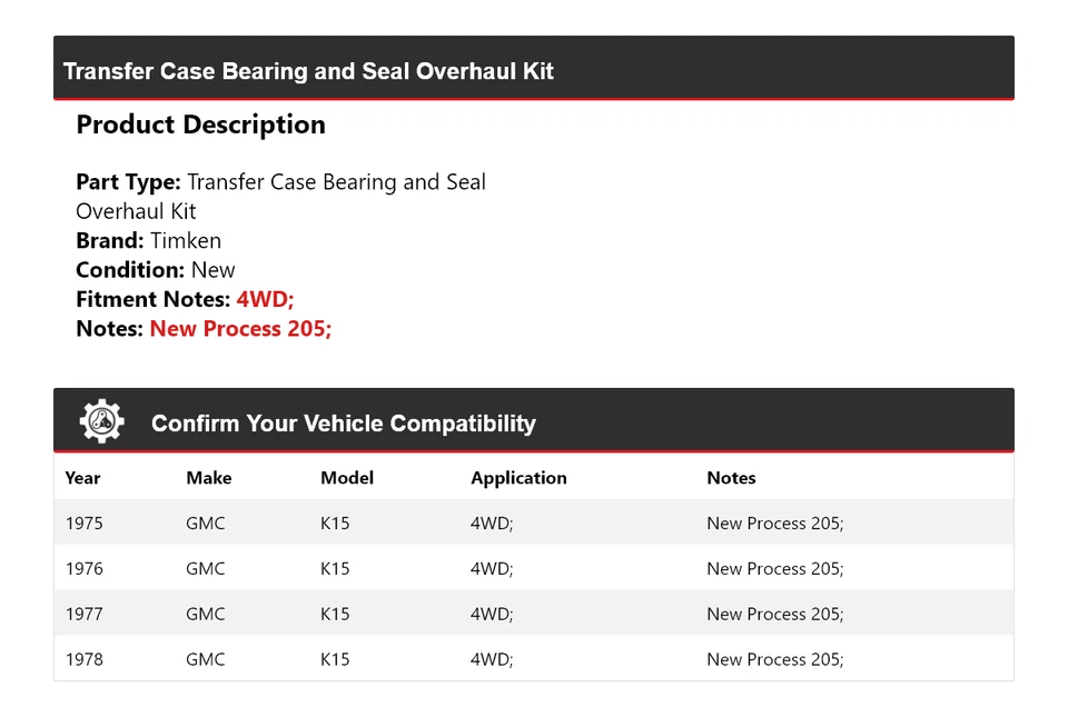 For 1975-1978 GMC K15 4WD Transfer Case Bearing and Seal Overhaul Kit Timken - Image 2 of 3