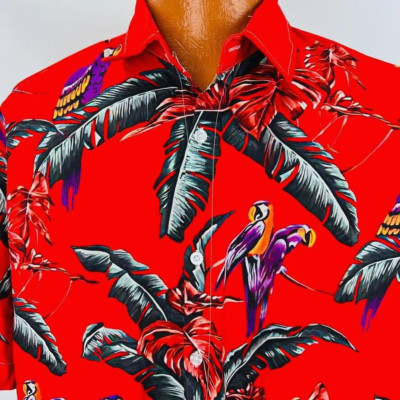 Aloha Hawaiian Shirt 2 XL Red Palm Parrots Flowers Leaves Floral