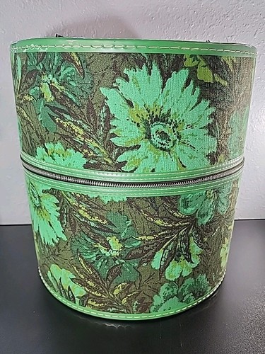VTG MCM 1960s Flower Power MOD Wig Case Travel Hat Box Zipper Green Large 13.5”