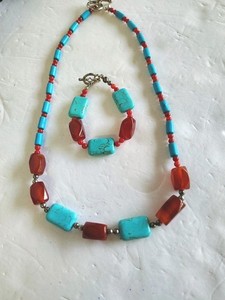 Vintage Native American Necklace Bracelet Turquoise Coral Carnelian Silver Gift