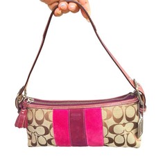 Vintage Y2K Coach 7039 Signature Jacquard Pink Suede Demi Baguette Bag Hang Tag