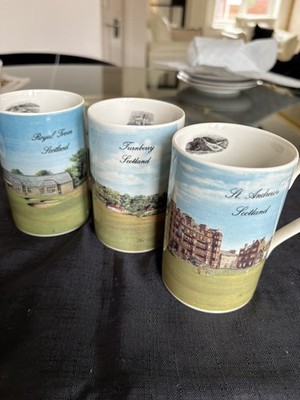 3 x Dunoon Bone China Tassen The Eighteenth Green und Clubhouse Bill Waugh