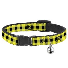 Cat Collar Breakaway with Bell Buffalo Plaid Black/Neon Yellow NARROW Fits 8.5-1