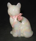 Fenton Iridescent Cat Figurine with Pink Bow and Pink Flower