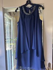 SLNY Beaded Neckline Tiered Chiffon Sleeveless Dress Women’s 12 Navy EUC