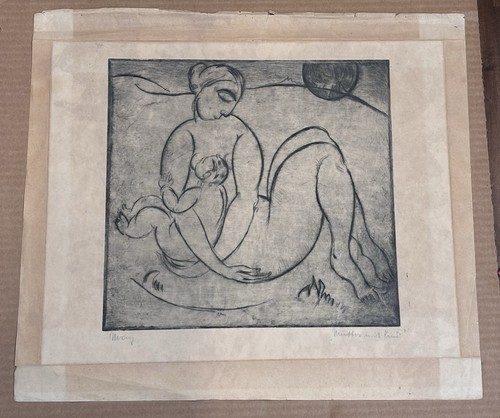 Estampe gravure vintage signée mère et enfant moderniste figuratif maternité art - Photo 2 sur 18