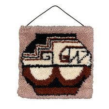 1970s Native American Inspired Pottery Latch Hook Rug Southwestern Wall Decor