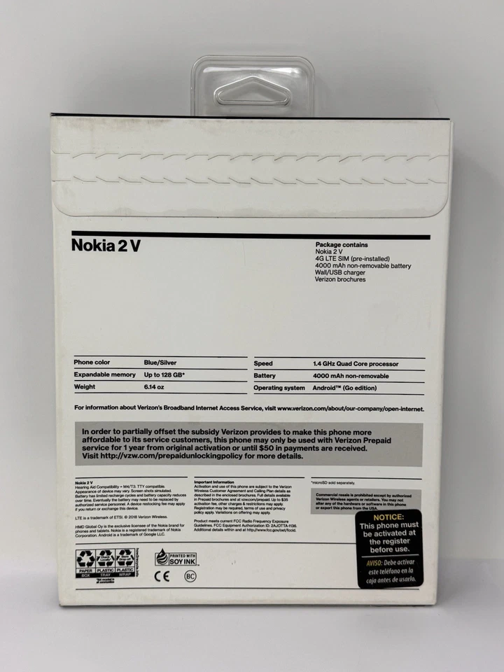 Verizon Wireless Nokia 2V Prepaid Smartphone ~ Blue / Silver ~ New & Sealed - Image 2 of 3