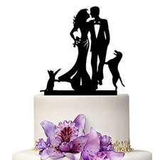 Wedding Cake Toppers - Kissing Bride and Groom with Cat and Dog Anniversary A...