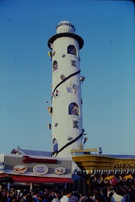 c1970's Ektachrome 35mm Slide Oktoberfest Löwenbräu Tower Munich Germany Crowd