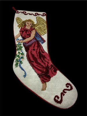 Christmas Stocking Blonde  Angel Holding Garland Wool Needlepoint Decor