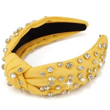 Yellow Knotted Rhinestone Headband - Wide Top Knot Yellow Clear Rhinestones 