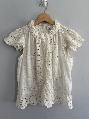 Marea Cotton Eylet Floral Pattern Boho High Neck Flutter Sleeve Top Size M