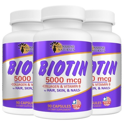 Sunshine Naturals Biotin. 5000 mcg. 90 Caps, Pack of 3