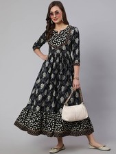 Black Kurta Women Floral Printed Flared Kurti Anarkali Dress NEW