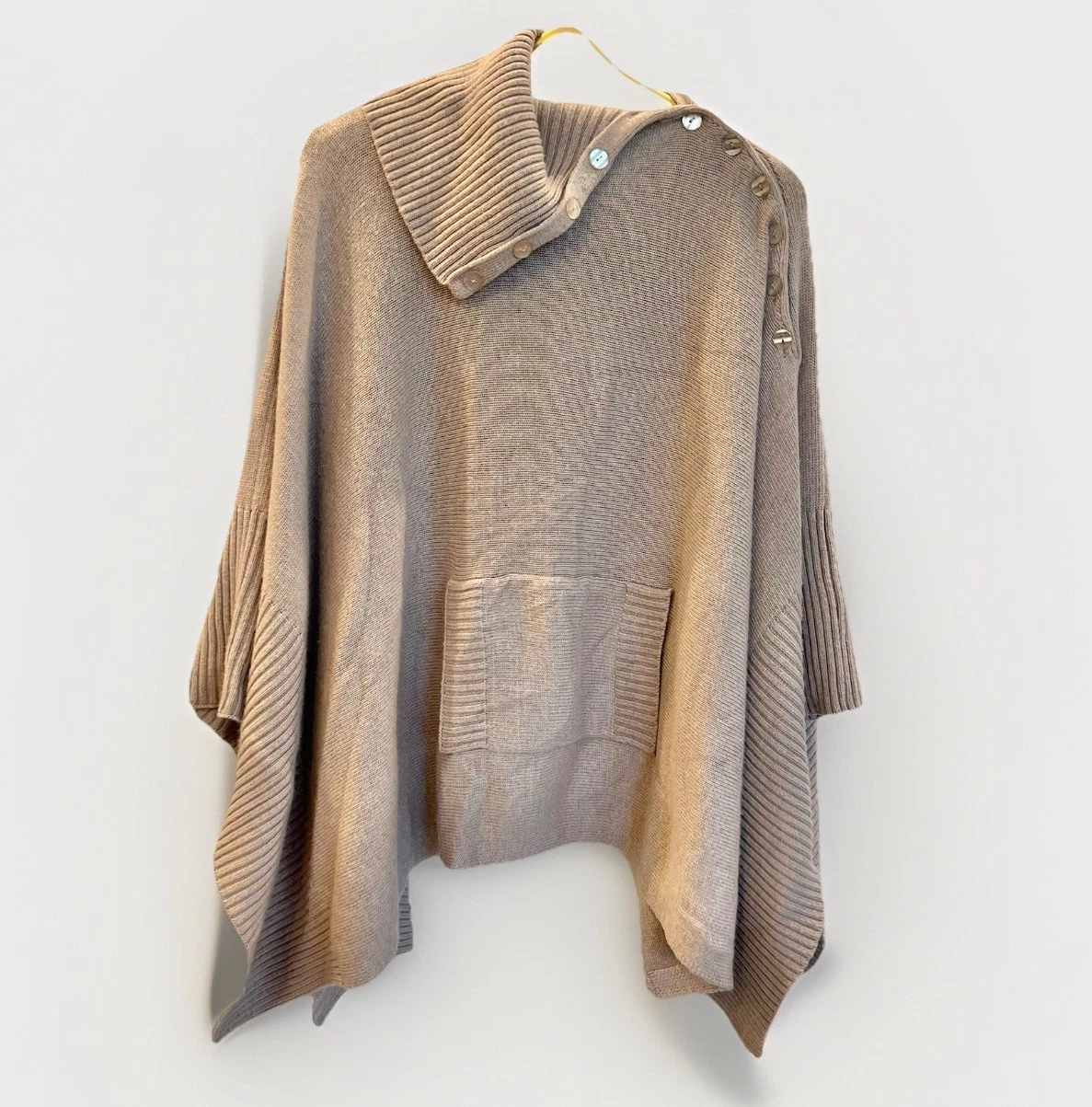 Wool Angora Poncho Cowl Neck Taupe Minimalist Boho Cozy Sweater One Size