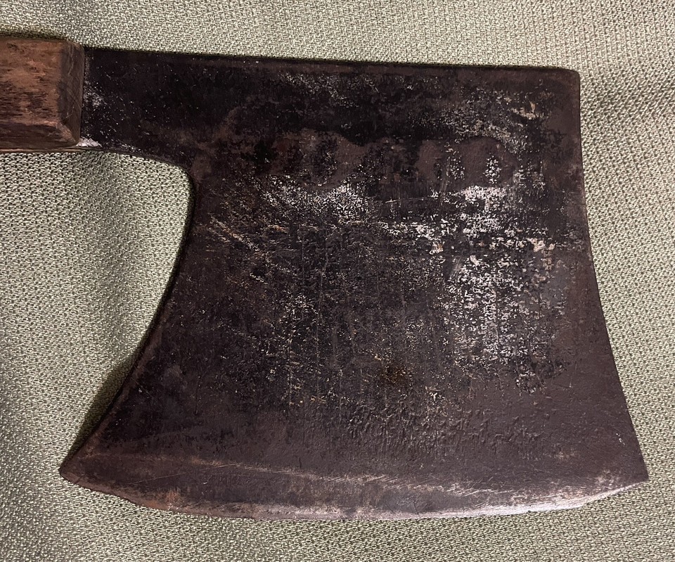 antique ORIENTAL MEAT CLEVER w/WOOD HANDLE asian CHINESE MARKINGS