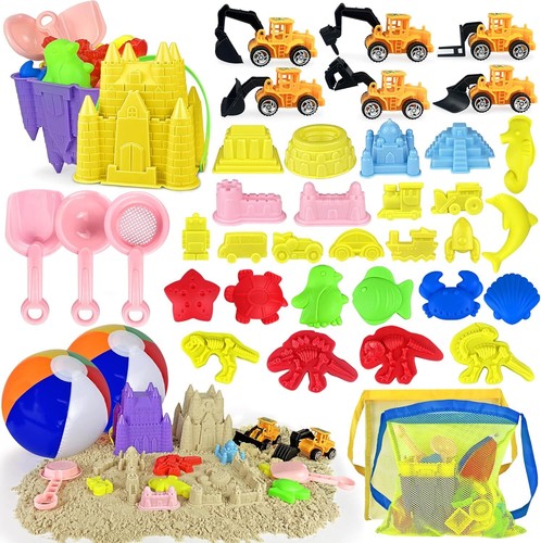 H&E 41PCS Sand Toys Kit Fun Beach Toys with Trucks Buckets Animal Dinosaur Molds