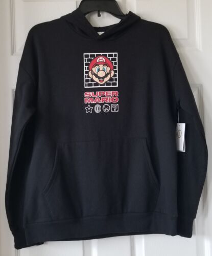 SUPER MARIO Boys Black Pullover Hoodie Nintendo Graphic Front & Back Size 18 NWT