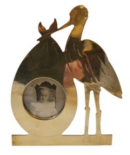 Solid Brass Photo Picture Frame Stork Holding Baby Package GATCO 5"x6.5" For 2"