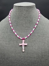Pink And White Cross Pendent Beaded Necklace