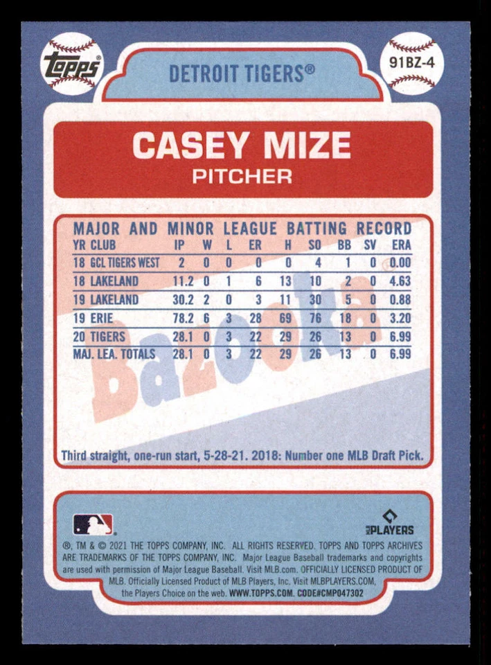 2021 Topps Archives '91 Bazooka Shining Stars #91BZ4 Casey Mize (ref 235243) - Image 2 of 2