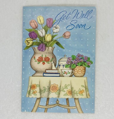 Vintage Get Well Card  Loving Thoughts Are With You  Flowers Teapot Tulips P4
