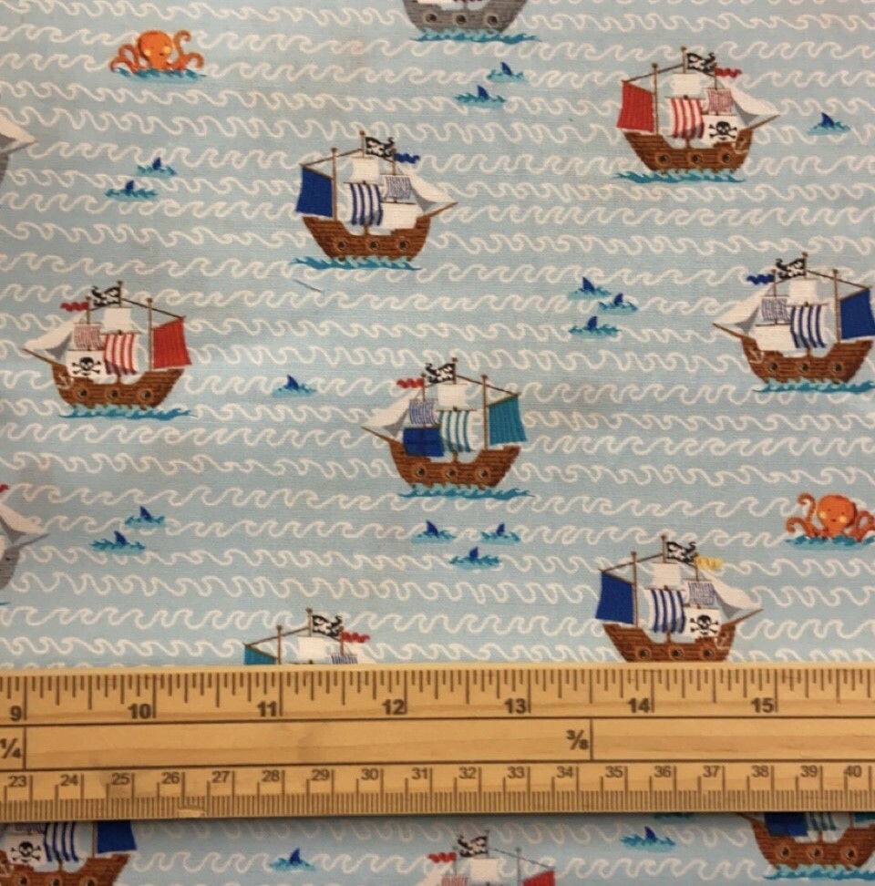 Fat Quarter Pirates Galleons Ships at Sea Light Blue Allover Cotton Quilting Fab