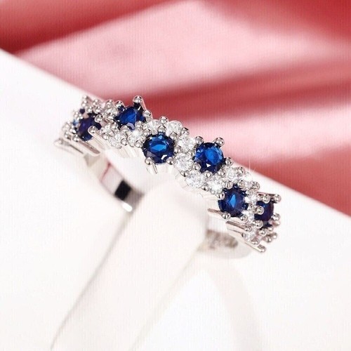 Half Eternity Engagement Ring 2.23Ct Round Cut Simulated Sapphire 925 Silver - Afbeelding 4 van 5