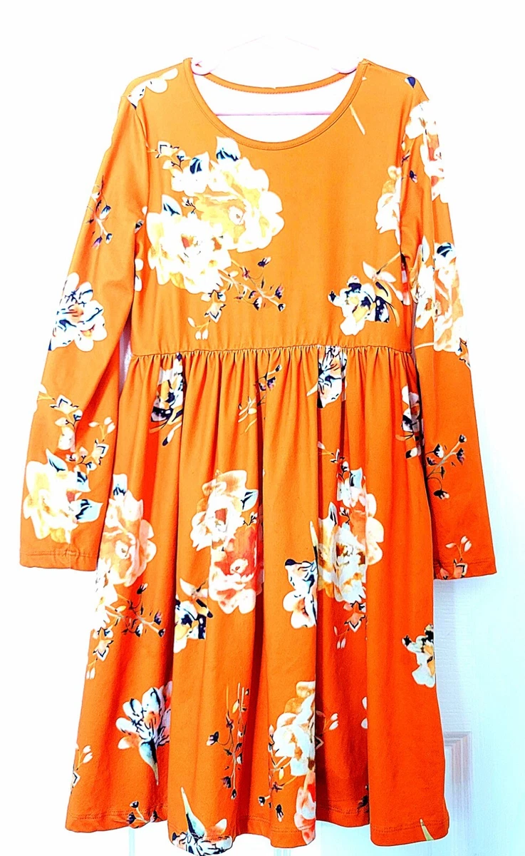 Girls Burnt Orange Floral Swing Dress w Side Pockets eBay