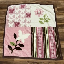 Cocalo Pink Brown Fleece Butterflies Flowers Baby Blanket 36.5”x40”